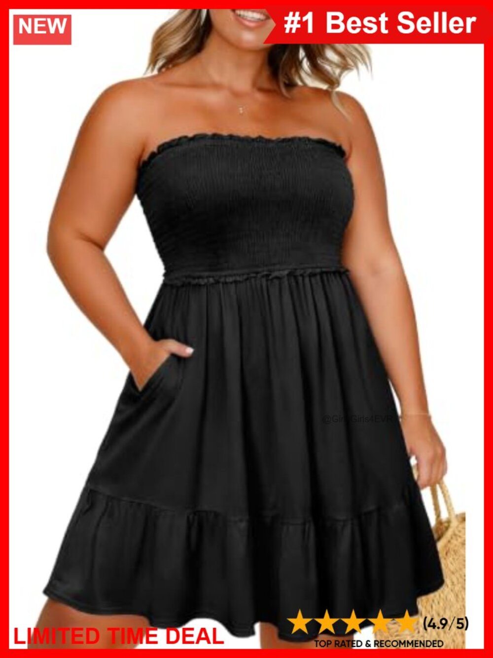 Strapless Smocked Swim Cover Up Dress Ruffle Hem Pockets Beach Pool